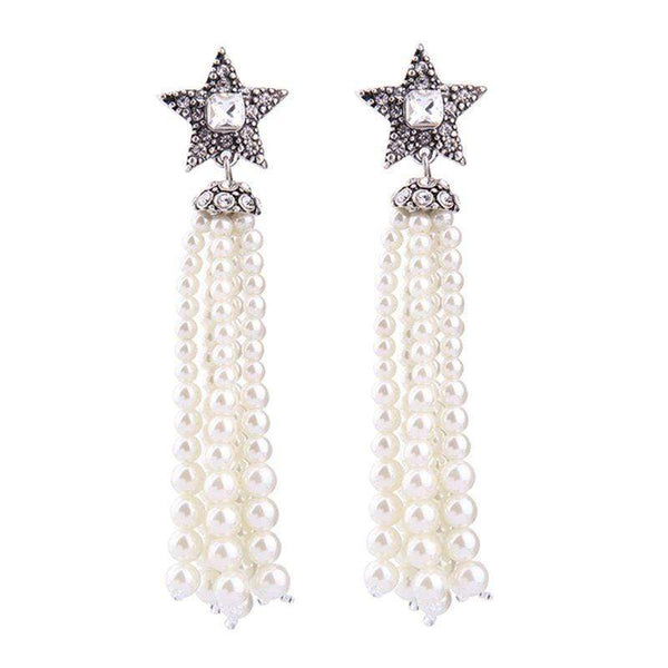Silver Earrings Vintage Style Crystal Simulated Pearl Star Women Design Tassel Earrings TIY