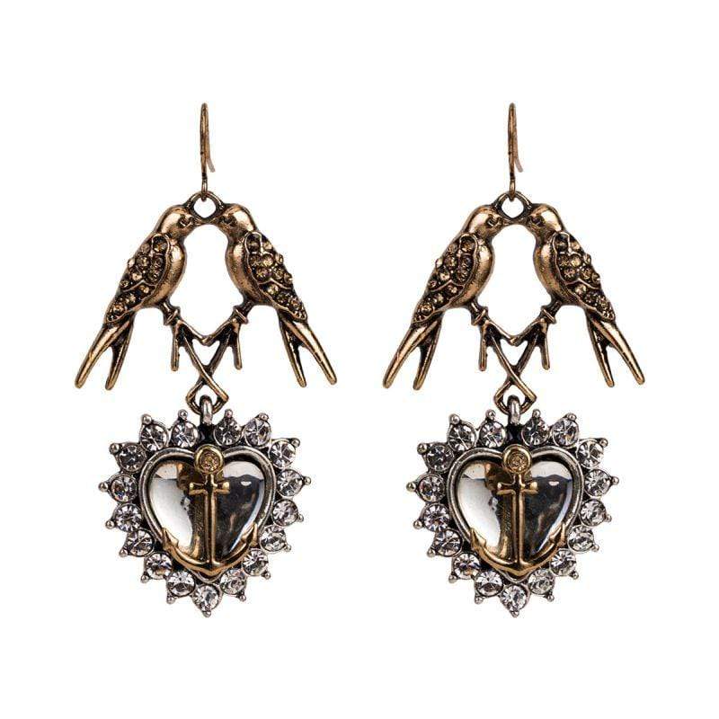 Silver Earrings Vintage Style Women Birds Heart Shape Alloy Earrings TIY