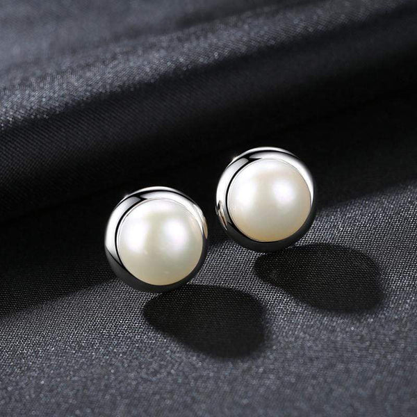 Women Simple Design Half Round Natural Pearl Silver Stud Earrings