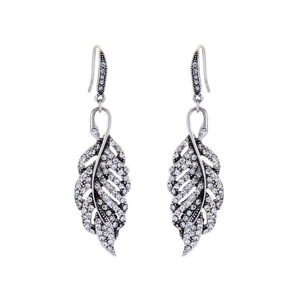 Women Vintage Leaf Pattern Shiny Rhinestone Hook Earrings