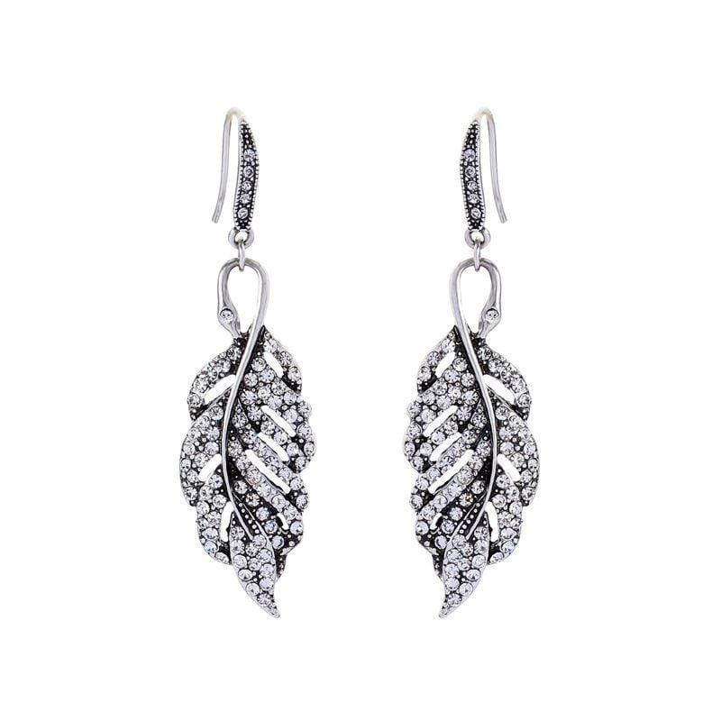 Women Vintage Leaf Pattern Shiny Rhinestone Hook Earrings