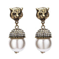Women Vintage Palace Style Anti-golden Alloy Leopard Head Pearl Earrings