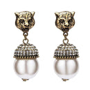 Women Vintage Palace Style Anti-golden Alloy Leopard Head Pearl Earrings