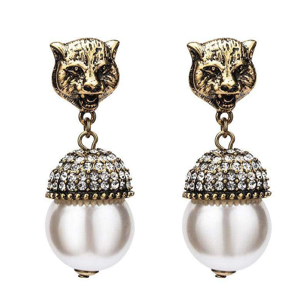 Women Vintage Palace Style Anti-golden Alloy Leopard Head Pearl Earrings