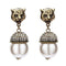 Women Vintage Palace Style Anti-golden Alloy Leopard Head Pearl Earrings