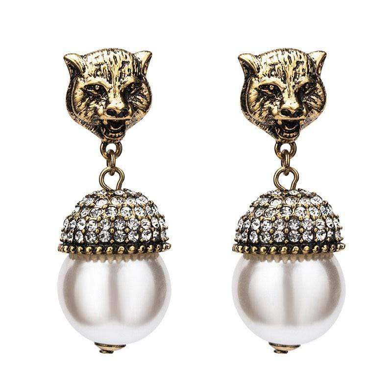 Women Vintage Palace Style Anti-golden Alloy Leopard Head Pearl Earrings