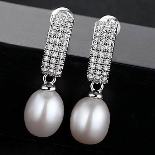 Women Vintage Style Fashion Geometric Design Oval Natural Pearl Silver Earrings