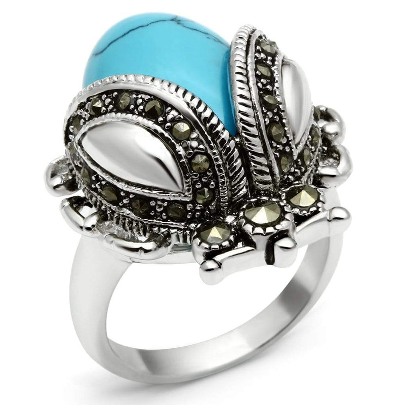 Middle Finger Ring 3W181 Rhodium Brass Ring with Synthetic in Sea Blue