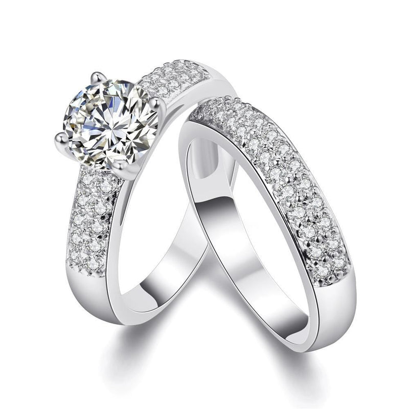 Silver Jewelry Rings Romantic Women Classic Design Trendy Silver Color Luxury Zircon 2pcs Wedding Ring TIY
