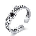 Silver Jewelry Rings S925 Silver Antique Pattern Obsidian Gemstone Adjustable Ring TIY