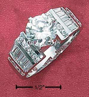 Silver Jewelry Rings Sterling Silver Ring:  7.5MM Round Cubic Zirconia Engagement Ring With Baguette Cubic Zirconia Band JadeMoghul Inc.