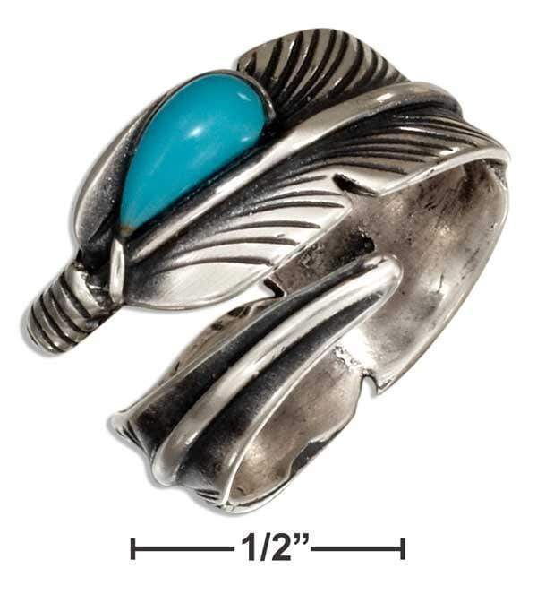 Silver Jewelry Rings Sterling Silver Ring:  Adjustable Wrap Feather Ring With Reconstituted Turquoise Teardrop JadeMoghul Inc.