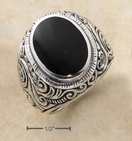 Silver Jewelry Rings Sterling Silver Ring:  Mens Oval Simulated Onyx Tapered Scrolled Floral Band Ring JadeMoghul Inc.