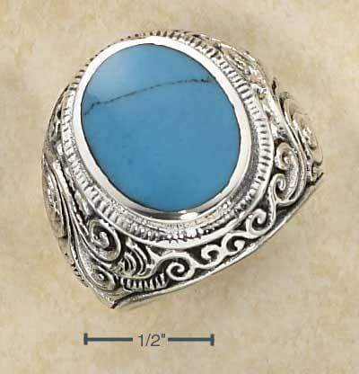 Silver Jewelry Rings Sterling Silver Ring:  Mens Scroll Design Oval Simulated Turquoise Ring JadeMoghul