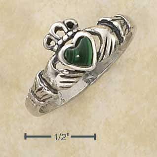 Silver Jewelry Rings Sterling Silver Ring:  Small Antiqued Claddagh Ring With Reconstituted Malachite Heart JadeMoghul Inc.