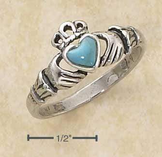 Silver Jewelry Rings Sterling Silver Ring:  Small Antiqued Claddagh Ring With Reconstituted Turquoise Heart JadeMoghul