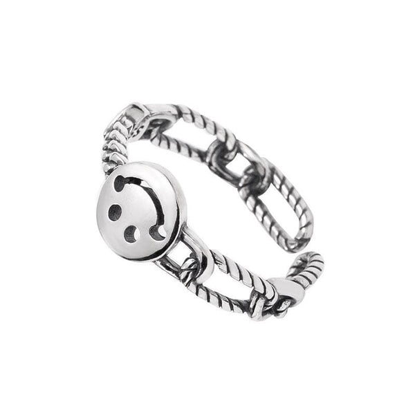 Silver Jewelry Rings Vintage Style Unique Hollow Chain Smiling Face Design Silver Ring TIY