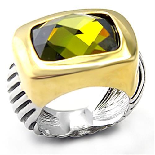 Silver Jewelry Rings Women's Band Rings 7X127 Reverse Two-Tone Brass Ring in Olivine color Alamode Fashion Jewelry Outlet
