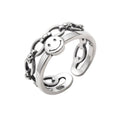 Women Vintage Pattern Hollow Chain Smiling Face Design Adjustable Sterling Silver Ring