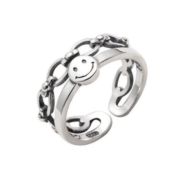 Women Vintage Pattern Hollow Chain Smiling Face Design Adjustable Sterling Silver Ring