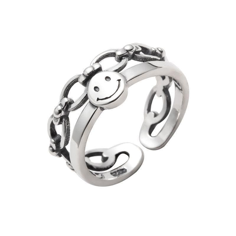 Women Vintage Pattern Hollow Chain Smiling Face Design Adjustable Sterling Silver Ring