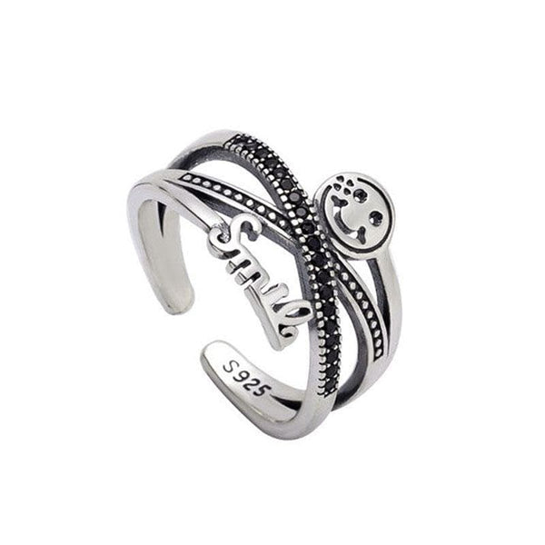 Women Vintage Pattern Multilayer Crossing Design Smiling Face Silver Ring
