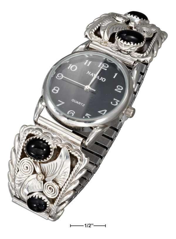 Silver Jewelry Watches Sterling Silver Mens Southwest Watch With Onyx Nuggets JadeMoghul