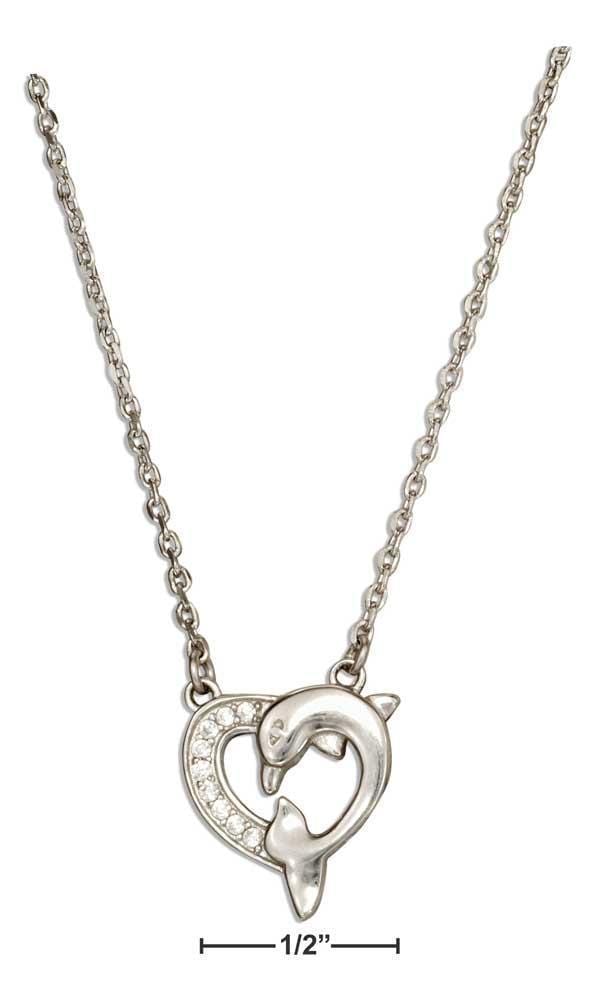 Silver Necklaces Sterling Silver 16"-18" Adjustable Cubic Zirconia Heart Dolphin Necklace JadeMoghul Inc.