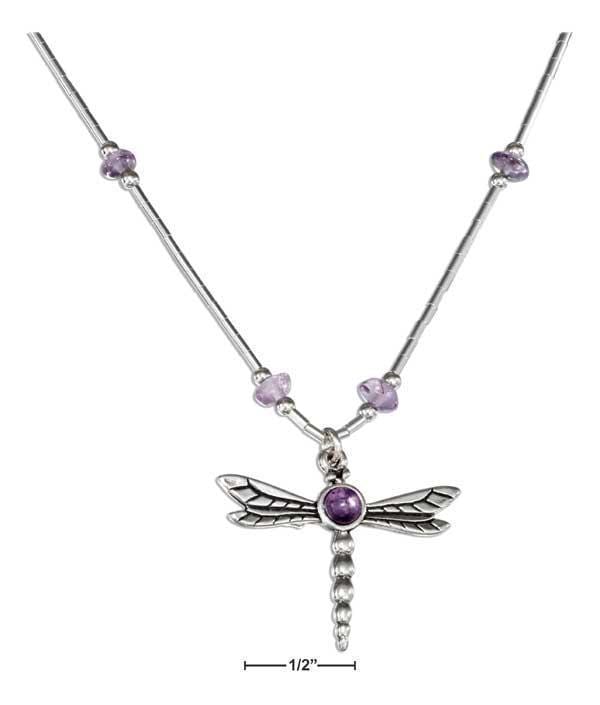 Silver Necklaces Sterling Silver 16-18" Adjustable Liquid Silver And Amethyst Dragonfly Necklace JadeMoghul Inc.