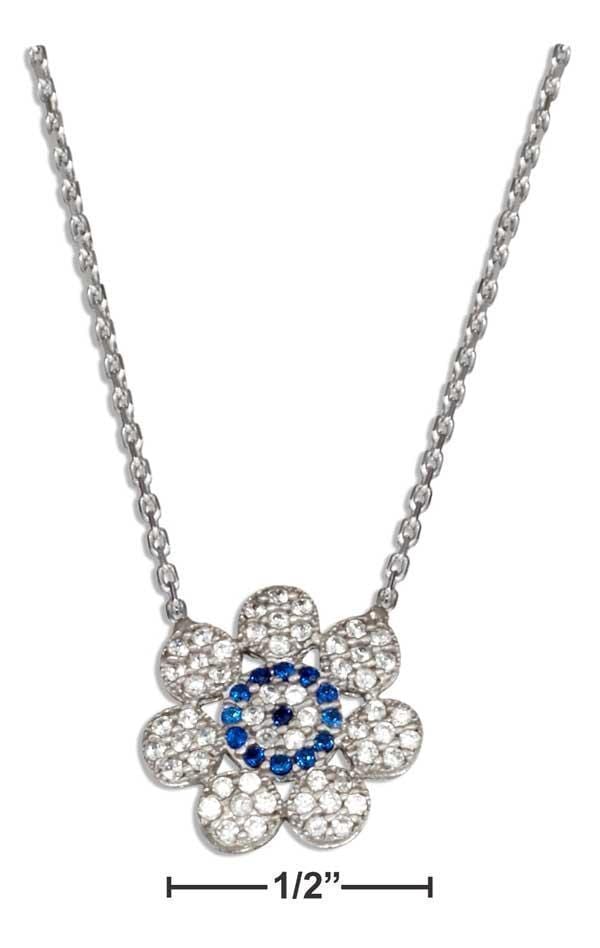 Silver Necklaces Sterling Silver 16"-18" Adjustable Micro Pave Clear And Blue Cubic Zirconia Flower Necklace JadeMoghul