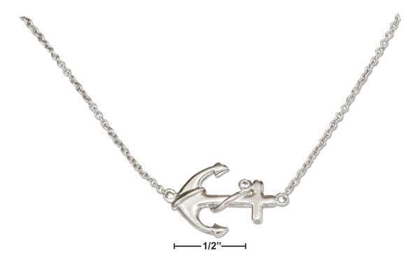 Silver Necklaces Sterling Silver 16"-18" Adjustable Sideways Anchor Necklace With Cubic Zirconia Accent JadeMoghul