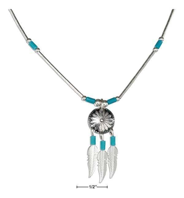 Silver Necklaces Sterling Silver 16" Concho Necklace With Feathers And Simulated Turquoise Heishi JadeMoghul Inc.