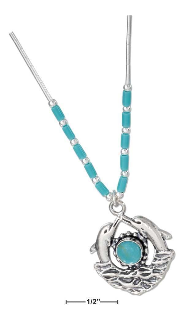 Silver Necklaces Sterling Silver 16" Liquid Silver And Simulated Turquoise Double Dolphin Necklace JadeMoghul Inc.