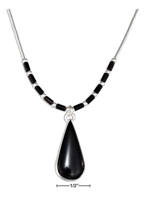 Silver Necklaces Sterling Silver 16" Liquid Silver Simulated Onyx Teardrop Necklace With Heishi JadeMoghul Inc.