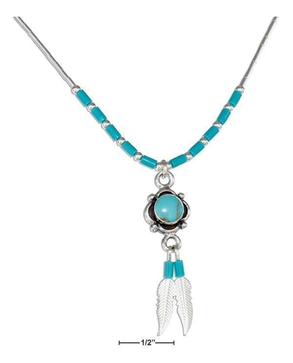 Silver Necklaces Sterling Silver 16" Simulated Turquoise Concho & Feathers Liquid Silver Necklace JadeMoghul Inc.