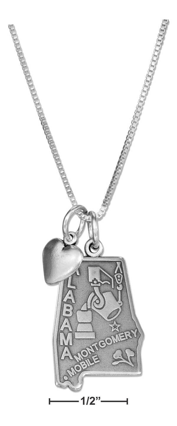 Silver Necklaces Sterling Silver 18" Alabama State Pendant Necklace With Heart Charm JadeMoghul Inc.