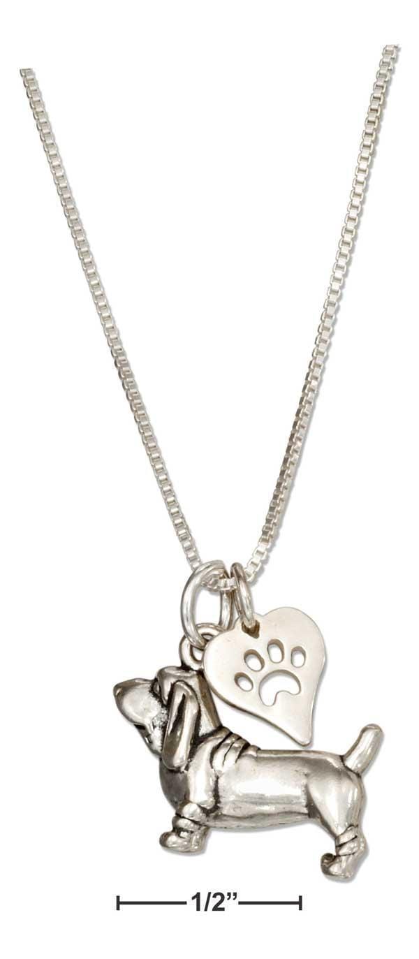 Silver Necklaces Sterling Silver 18" Basset Hound Necklace With Dog Paw Print Heart Pendant JadeMoghul