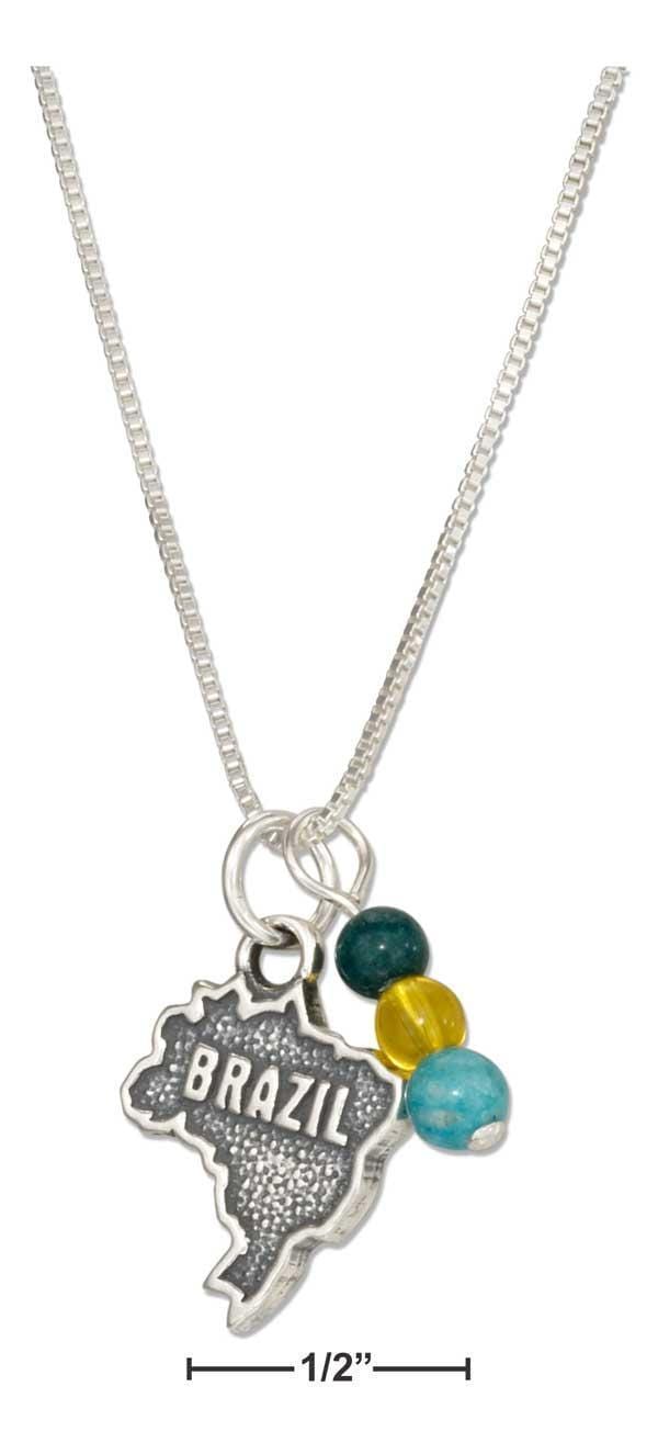 Silver Necklaces Sterling Silver 18" Brazil Map Pendant Necklace With Green Yellow And Blue Beads JadeMoghul