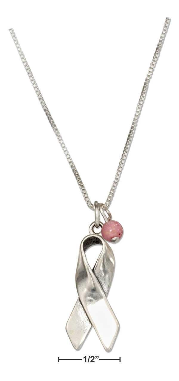 Silver Necklaces Sterling Silver 18" Breast Cancer Awareness Ribbon Necklace With Pink Riverstone JadeMoghul Inc.