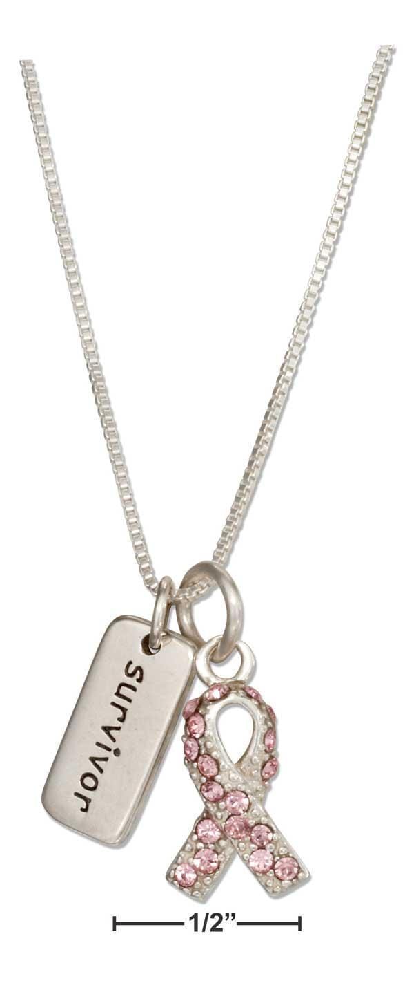 Silver Necklaces Sterling Silver 18" Breast Cancer Survivor Necklace Pink Swarovski Crystals Ribbon JadeMoghul Inc.