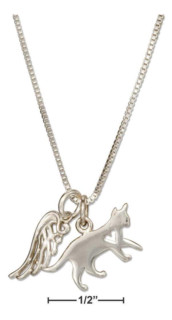 Silver Necklaces Sterling Silver 18" Cat With Heart Cutout And Angel Wing Outline Pendant Necklace JadeMoghul