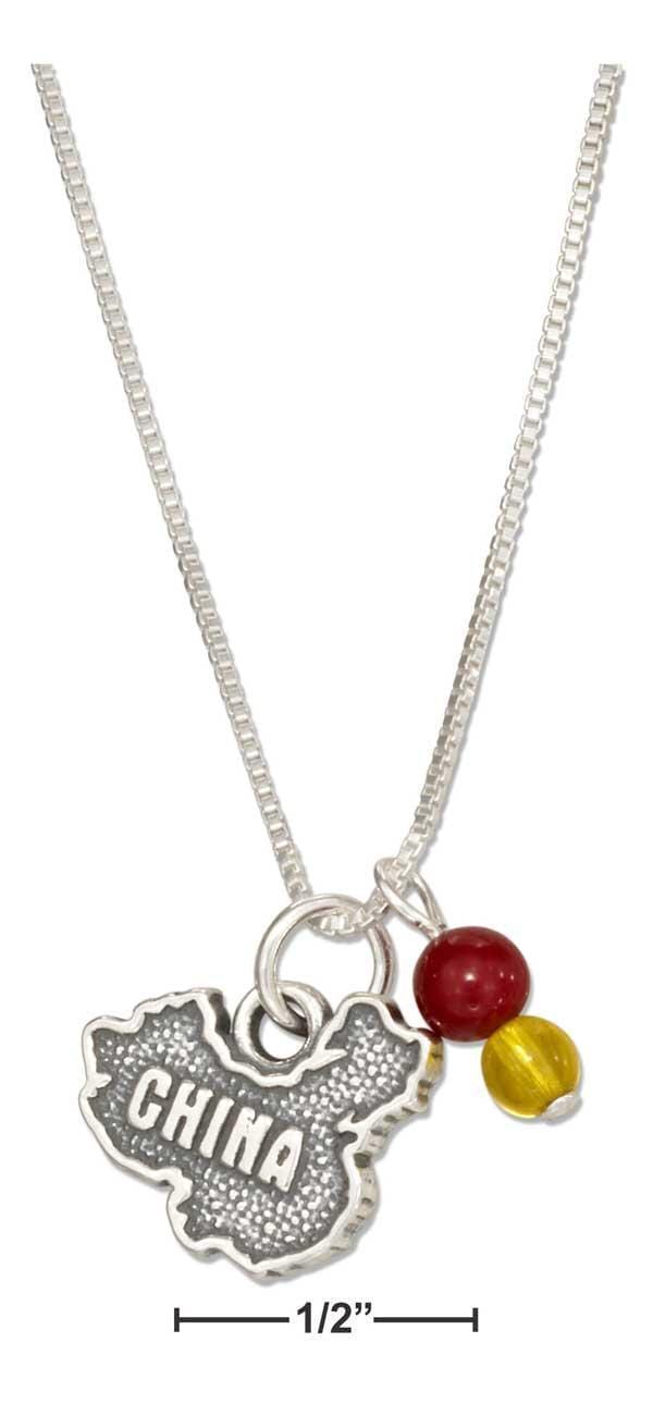 Silver Necklaces Sterling Silver 18" China Map Pendant With Red And Yellow Beads JadeMoghul