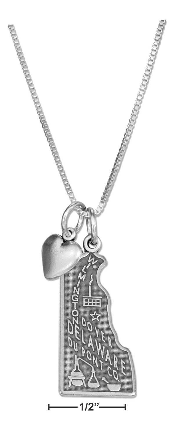 Silver Necklaces Sterling Silver 18" Delaware State Pendant Necklace With Heart Charm JadeMoghul Inc.