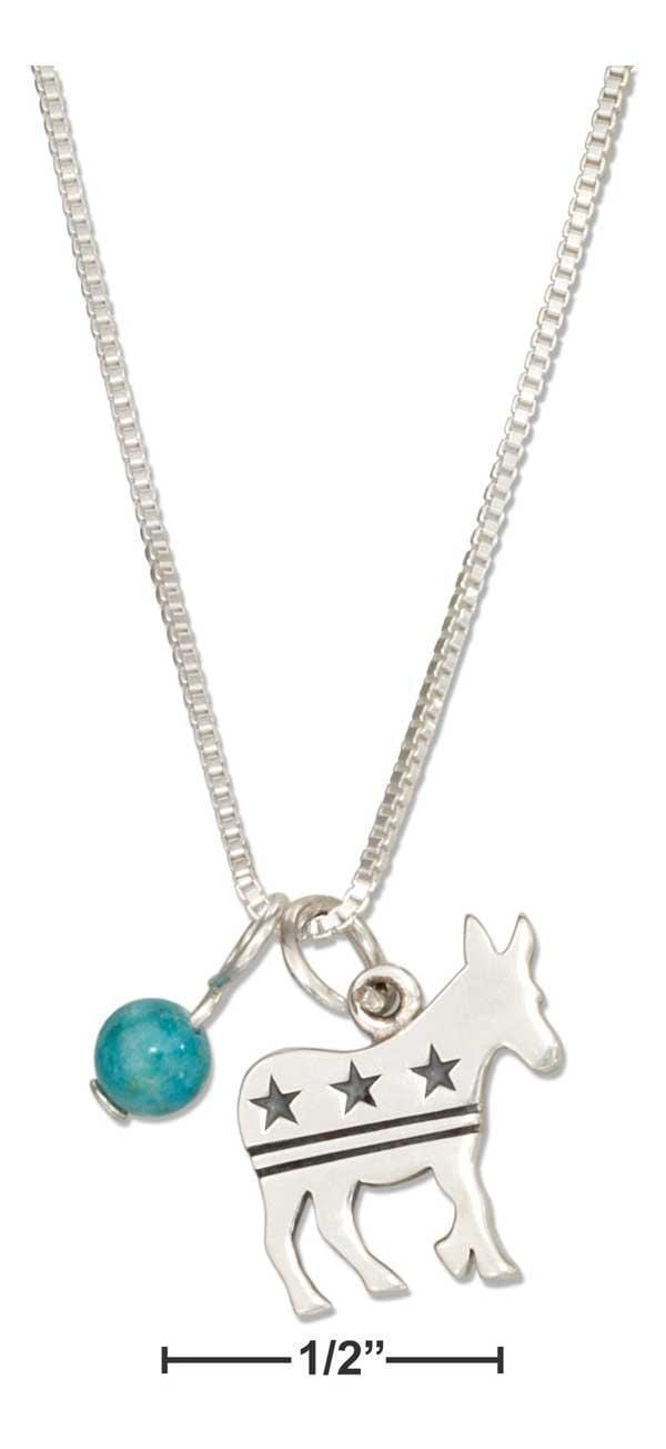 Silver Necklaces Sterling Silver 18" Democrat Donkey Pendant Necklace With Blue Riverstone Bead JadeMoghul