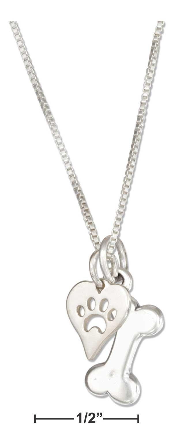 Silver Necklaces Sterling Silver 18" Dog Bone Necklace With Dog Paw Print Heart Charm JadeMoghul Inc.