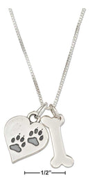 Silver Necklaces Sterling Silver 18" Dog Bone Necklace With Dog Paw Prints Heart Charm JadeMoghul Inc.