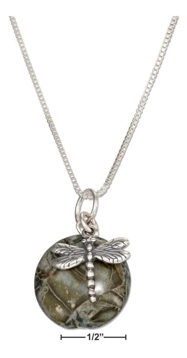 Silver Necklaces Sterling Silver 18" Dragonfly Pendant Necklace With Natural Green Jasper JadeMoghul