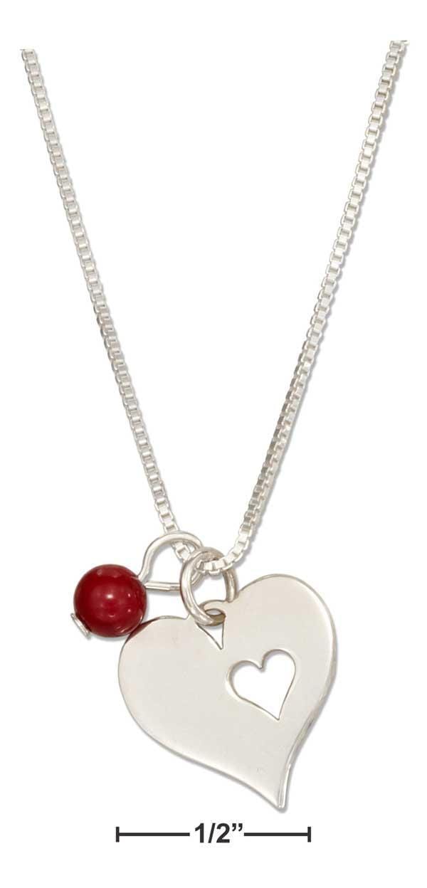 Silver Necklaces Sterling Silver 18" Heart With Heart Cutout Pendant Necklace And Red Bead JadeMoghul Inc.