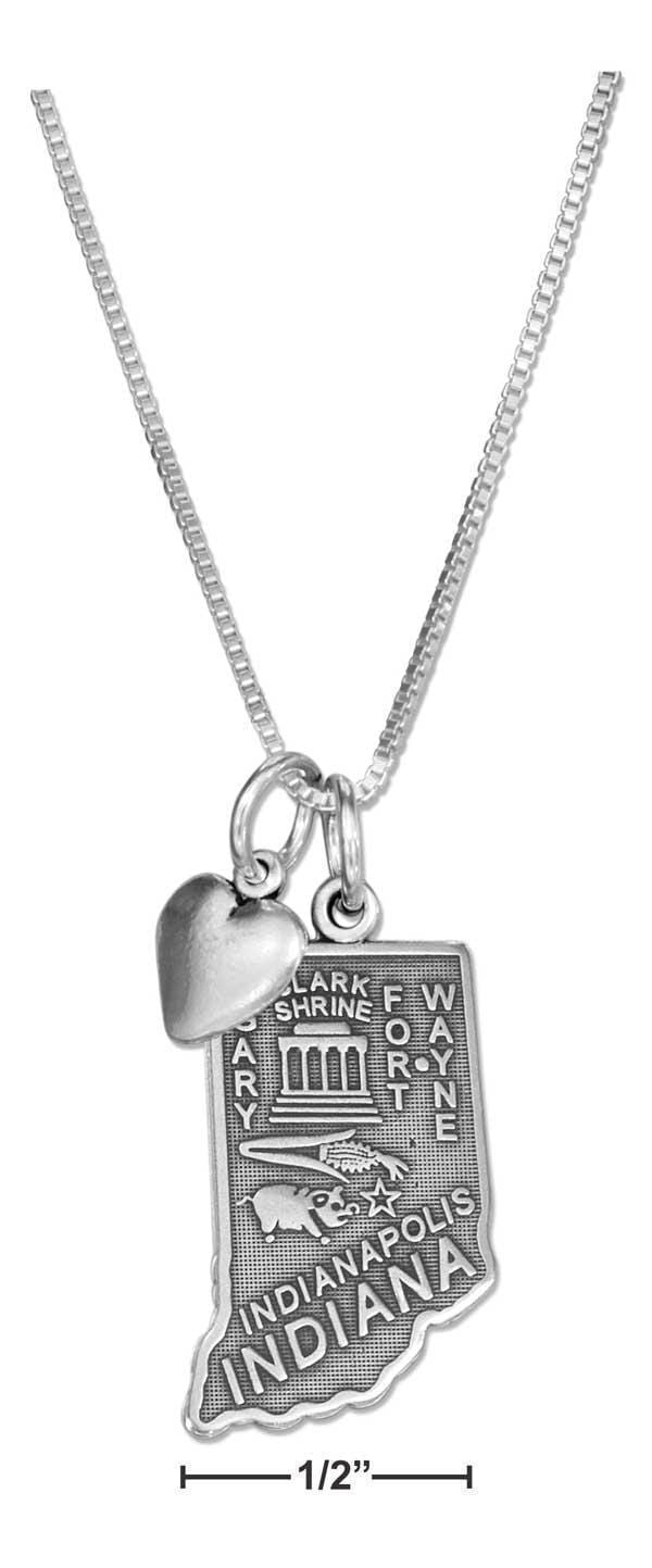 Silver Necklaces Sterling Silver 18" Indiana State Pendant Necklace With Heart Charm JadeMoghul