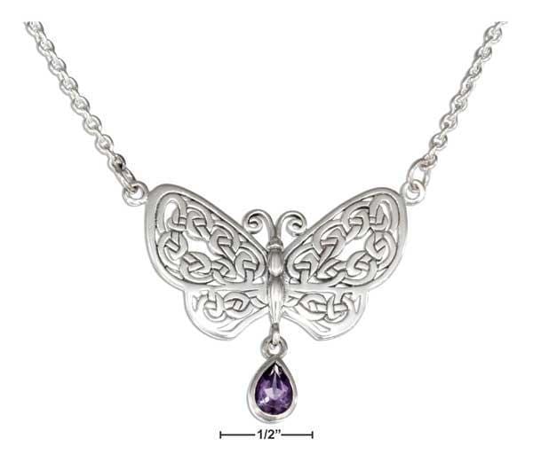 Silver Necklaces Sterling Silver 18" Knotted Celtic Butterfly Necklace With Amethyst Teardrop JadeMoghul Inc.